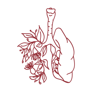 Maroon icon of one half of a set of lungs with flowers and leaves making up the other half