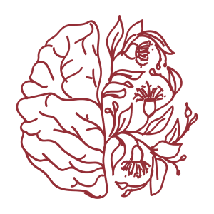 Maroon icon of half a brain from the top with flowers and leaves making up the other half